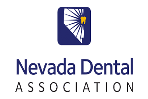 A blue square features a stylized Nevada state outline, with a yellow tooth icon near Las Vegas. Below, the text reads "Nevada Dental Association."