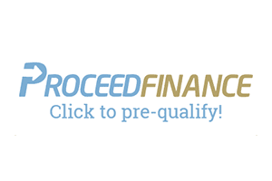 The logo "PROCEEDFINANCE" appears in blue and gold letters, accompanied by the text "Click to pre-qualify!" set against a white background.