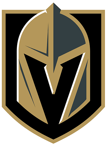A stylized golden knight's helmet forms the shape of the letter "V" within a black shield outline, suggesting strength and valor in a heraldic design.