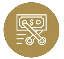 Stylized scissors cutting a paper banknote with motion lines, white outline on a gold circular background