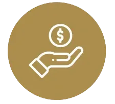 White outline icon of an outstretched hand holding a coin with a dollar sign on a gold circular background.
