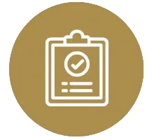 White clipboard icon with a checkmark inside a circle above three horizontal lines on a gold circular background.