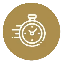 White stopwatch with motion lines indicating speed on a circular gold background