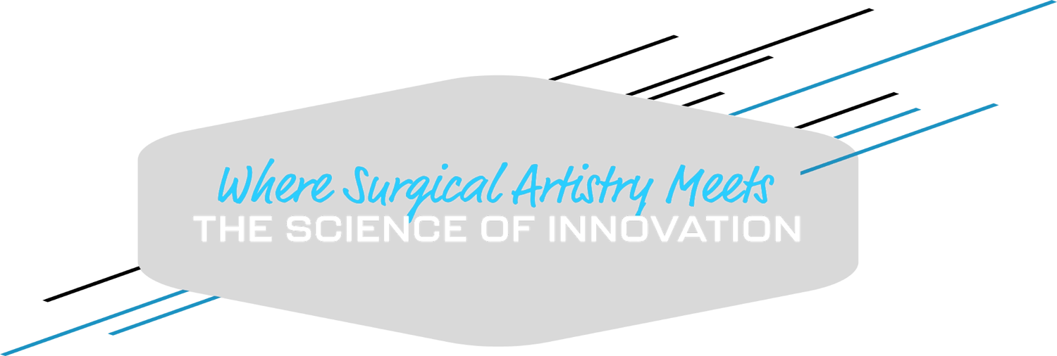 Blue script reading "Where Surgical Artistry Meets" above bold white "THE SCIENCE OF INNOVATION" on a black background with blue diagonal accents.