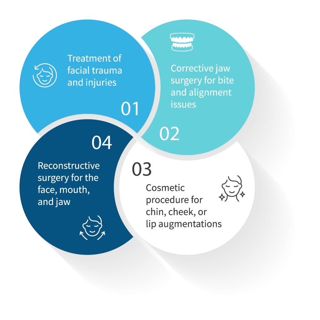 Four interconnected circles display numbered segments. 01: "Treatment of facial trauma and injuries". 02: "Corrective jaw surgery for bite and alignment issues". 03: "Cosmetic procedure for chin, cheek, or lip augmentations". 04: "Reconstructive surgery for the face, mouth, and jaw"