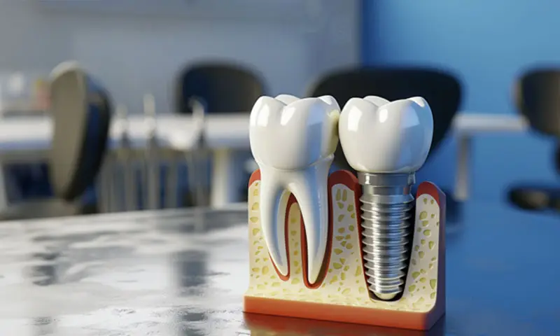 A dental model shows a natural tooth beside a metallic implant in gum tissue, placed on a reflective surface in a clinical setting with blurred chairs and blue walls.