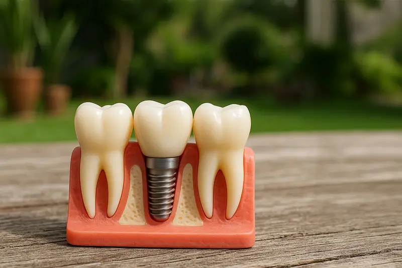 Dental model showing two natural teeth and one dental implant in gum, resting on a wooden surface with a blurred garden background.