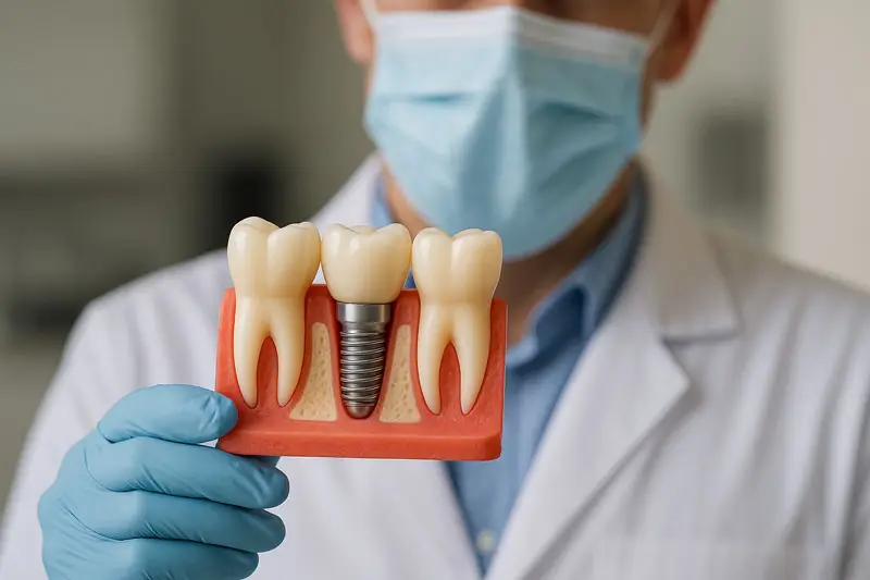 A dental professional in a mask and gloves holds a tooth model with a dental implant, highlighting tooth structure in a clinical setting.