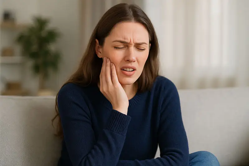 A person wearing a blue sweater touches their cheek with a pained expression, sitting on a sofa in a softly lit room with a plant in the background.