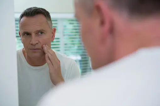 A man gently touches his cheek while gazing at his reflection in a bathroom mirror, wearing a white shirt. Natural light filters through blinds in the background.