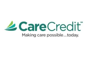 Logo featuring the words "CareCredit" with a green, abstract leaf design to the left. Below, text reads "Making care possible...today." on a white background.