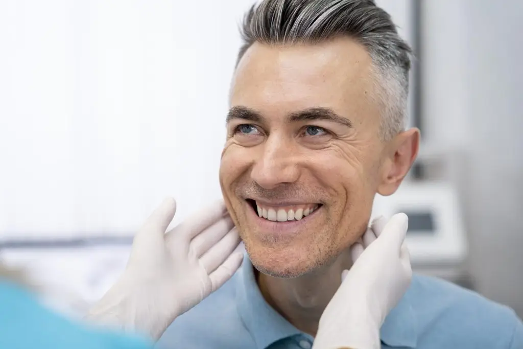 A smiling man receives a medical examination as gloved hands gently touch his neck, in a clinical setting with soft lighting.