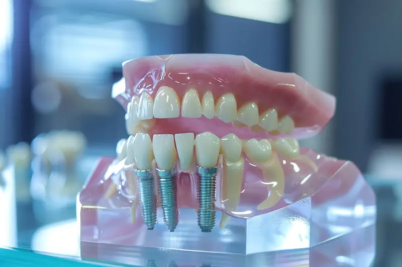 A dental model displaying upper and lower teeth with visible dental implants, showcased on a transparent stand, set in a clinical environment.