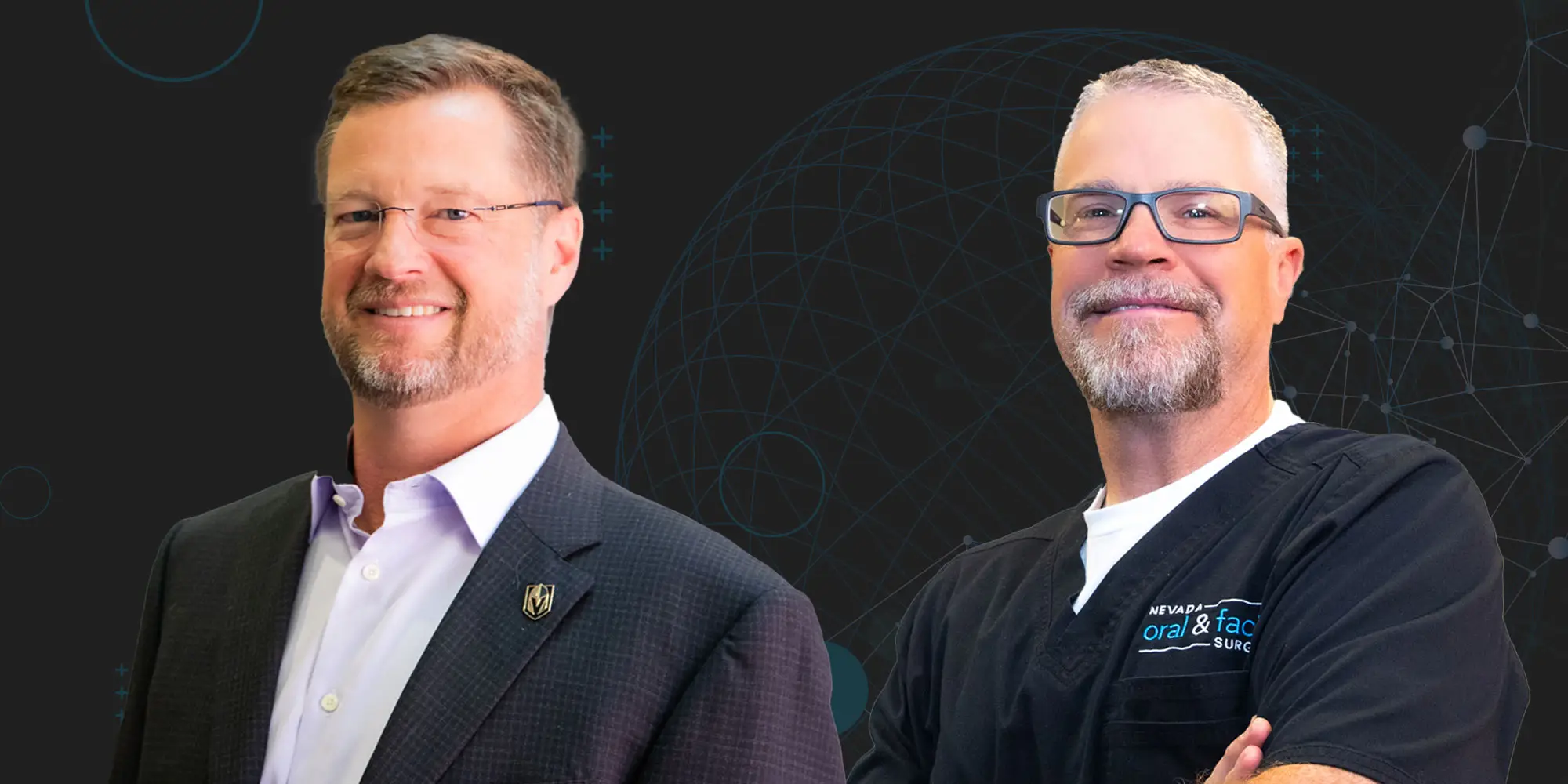 Two men stand smiling; one wears a suit, the other a black scrub top with "Nevada Oral & Facial Surgery" on it. The background is dark with abstract geometric patterns.