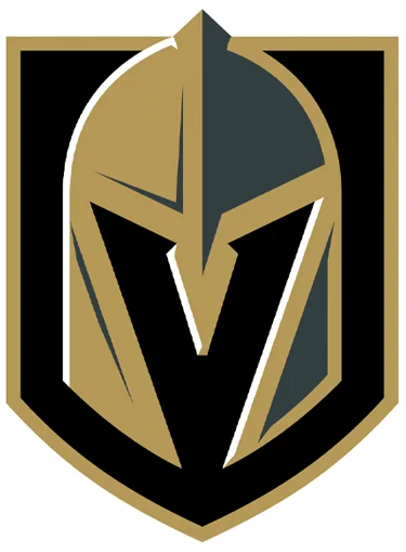 A stylized golden knight's helmet forms the shape of the letter "V" within a black shield outline, suggesting strength and valor in a heraldic design.