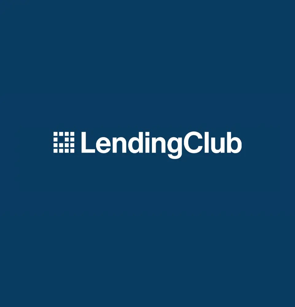 LendingClub logo features white text and a grid icon against a solid dark blue background.