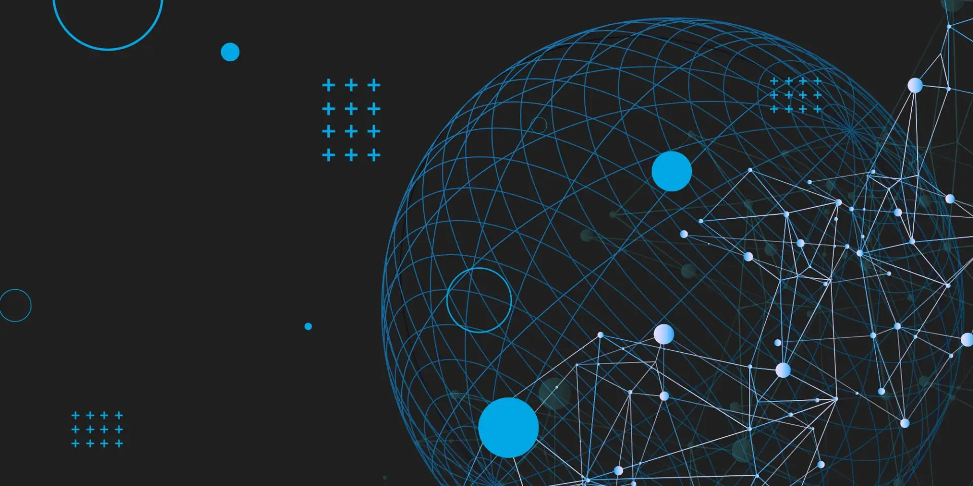 Wireframe blue globe on a dark background with interconnected network nodes, lines, and small blue geometric accents.