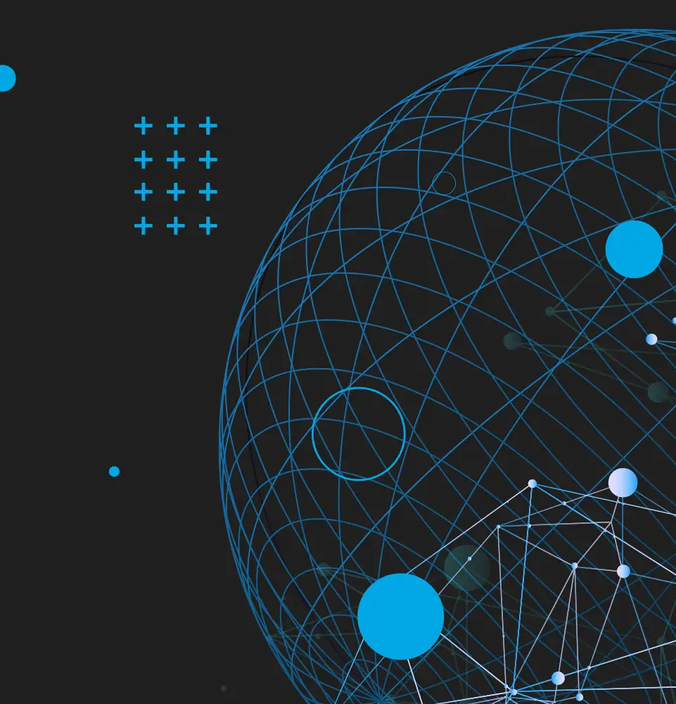 Wireframe blue sphere with interconnected network nodes and bright blue circular nodes on a dark background.