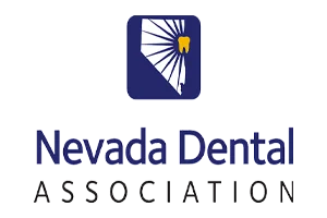 A blue square features a stylized Nevada state outline, with a yellow tooth icon near Las Vegas. Below, the text reads "Nevada Dental Association."